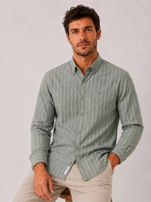 Fitmens Slim Fit Uzun Kol Çizgili Cepsiz Keten Likra Hediye Kutulu Erkek Gömlek FS-004579 - Yeşil