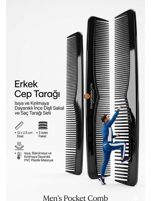 12 cm Erkek Cep Tarağı 3 Adet Siyah Renk - Isıya ve Kırılmaya Dayanıklı Ince Dişli Saç Sak