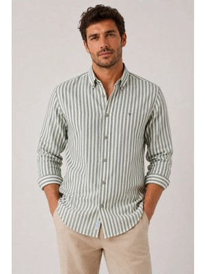 Fitmens Slim Fit Uzun Kol Çizgili Yaka Düğmeli Keten Likra Hediye Kutulu Erkek Gömlek FS-004580 - Yeşil