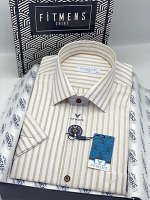 Fitmens Klasik Kısa Kol Keten Cotton Nefes Alan Kumaş Hediye Kutulu Erkek Gömlek FS-004571 - Bej