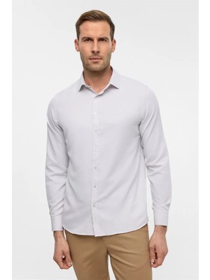 Süvari Ekru Slim Klasik Yaka Cepsiz Casual Gömlek