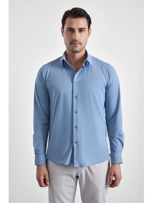 Süvari Buz Mavi Slim Klasik Yaka Düz Casual Gömlek