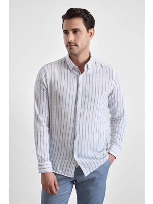 Süvari Lacivert Slim Düğmeli Yaka Düz Düz Kapaksız Cep Düğmeli Uzun Kollu Casual Gömlek