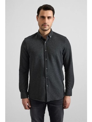 Süvari Antrasit Slim Düğmeli Yaka Manşetli Casual Gömlek