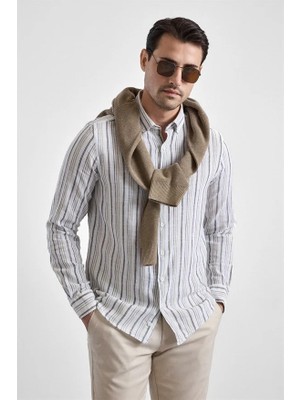 Süvari Haki Slim Düğmeli Yaka Düz Düz Kapaksız Cep Düğmeli Uzun Kollu Casual Gömlek