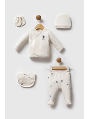 U.s. Polo Assn. Ekru %100 Pamuklu Waffle Kumaş Yenidoğan Erkek Bebek 5 Parça Hastane Çıkışı