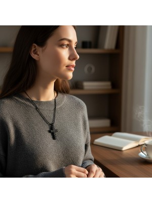 Hedea Mat Siyah Metal Haç Tasarım Unisex Top Zincirli Kolye