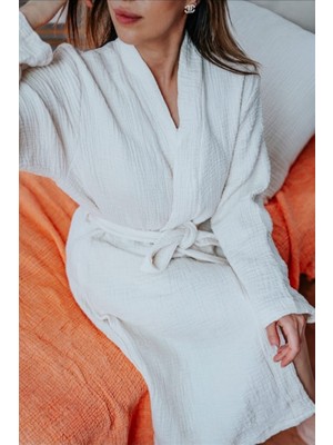 Mia Mina Home & Baby 4 Kat Müslin Kimono Model Beyaz Renk Bornoz / Sabahlık