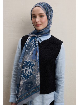 Fresh Scarfs Dahlia Desen İpek Krep Şal İndigo