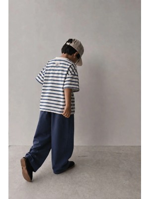 Cigit Oversize T-Shirt  Geniş Kesim Pantolon Takım 2-10 Yaş Lacivert Çizgili