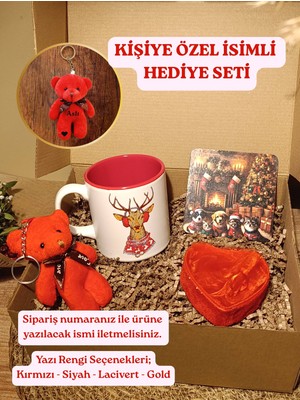 Paganca Kişiye Özel İsimli Hediye Seti Kırmızı Ayıcık Anahtarlık Geyikli Kupa Bardak Altlığı Kalp Şeklinde Tüllü Kutu