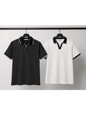 Zengoll & Ramires Siyah Beyaz Çizgili Yakalı Erkek T-Shirt 2'li Set