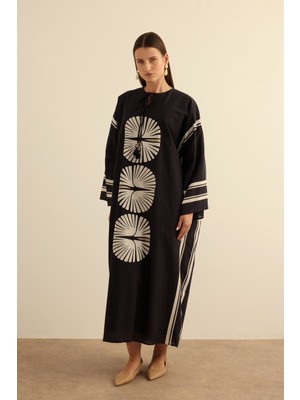 Aker Siyah Geometrik Desenli Cotton Yaz Serinliği Kimono
