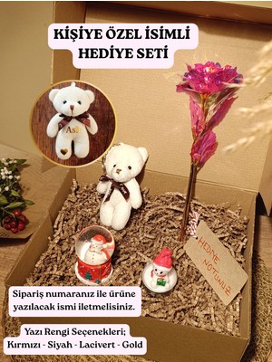 Paganca Kutulu Hediye Seti Beyaz Ayıcık Anahtarlık - Cam Küre - Dekoratif Mum - Sonsuzluk Gülü - Kişiye Özel İsimli
