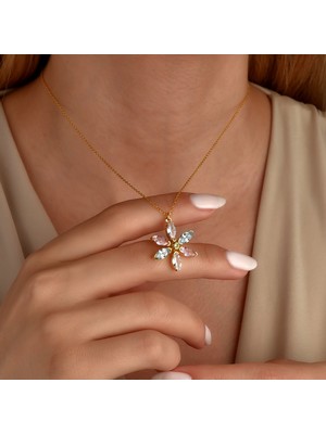 Nox Jewelry 14 Ayar Altın Kaplama Pastel Renkli Markiz Taşlı Çiçek Gümüş Kolye - CNS00680