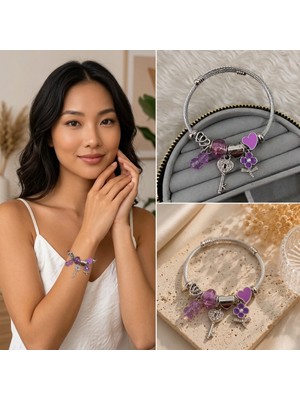 Fm 💎 Premium Mor Kalp ve Anahtar Charm Detaylı Gümüş Renk Kadın Charm Bijuteri Bileklik (20cm)