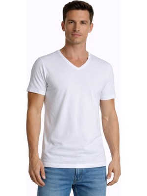 Çift Kaplan 956 Erkek Pamuklu Likralıı V Yaka Fanila T-Shirt