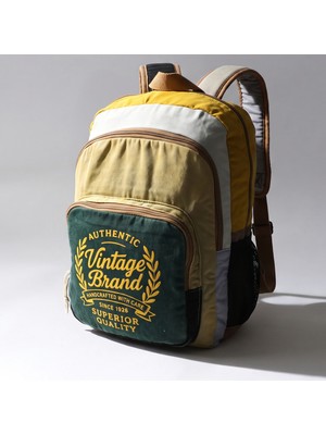 Cappadocia Vintage 4034 Patara Yeşil Krem Bej Sırt Okul Seyahat 15.6 Inç Inch Laptop Günlük Notebook Yumuşak Pamuk Kumaş Çanta