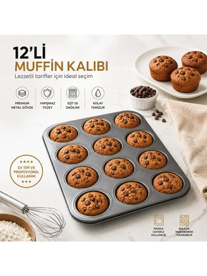 lawrenceshop 12 Bölmeli Premium Muffin Kalıbı Yapışmaz Metal Kek Cupcake Pişirme Tepsisi Fırın Kalıbı