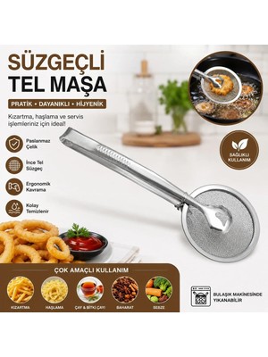 lawrenceshop Servis Süzgeçli Tel Servis Maşası Yağ Süzmeli Çok Amaçlı Mutfak Maşası Süzgeçli Kızartma ve Haşlama Maşası