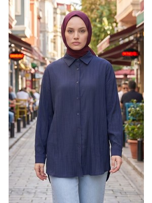Modestim Kadın Lacivert Çizgili Oversize Gömlek Pamuklu Tesettür Giyim Rahat Kalıp Geniş Kesim Tesettür Tunik Gömlek