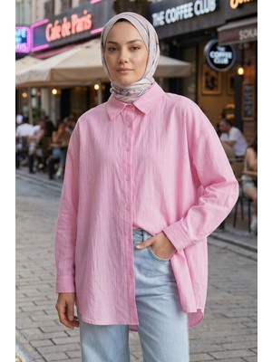 Modestim Kadın Pembe Çizgili Oversize Gömlek Pamuklu Tesettür Giyim Rahat Kalıp Geniş Kesim Tesettür Tunik Gömlek