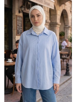 Modestim Kadın Mavi Çizgili Oversize Gömlek Pamuklu Tesettür Giyim Rahat Kalıp Geniş Kesim Tesettür Tunik Gömlek