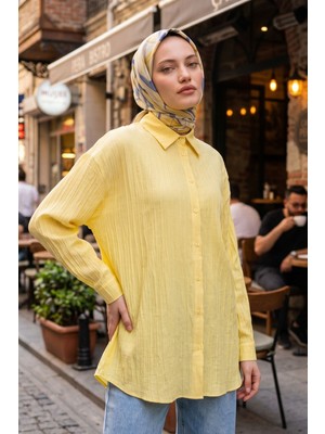 Modestim Kadın Sarı Çizgili Oversize Gömlek Pamuklu Tesettür Giyim Rahat Kalıp Geniş Kesim Tesettür Tunik Gömlek
