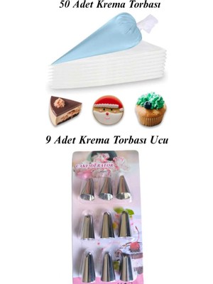 lawrenceshop Servis 9 Lu Krema Torbası Ucu + 50 Adet Krema Sıkma Poşeti Krem Şanti Torbası Krema Poşeti Malzemesi