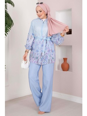 EFL Çiçek Desen Kuşaklı Tunik Pantolon Takım Bebe Mavisi