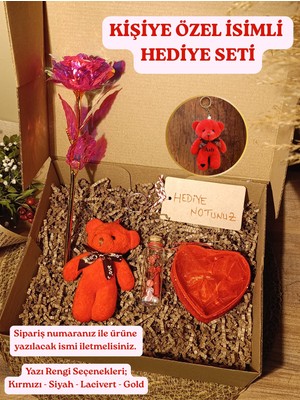 Paganca Kırmızı Ayıcık Anahtarlık - Kalpli Tüllü Kutu - Dilek Şişesi - Sonsuzluk Gülü Kutulu Kişiye Özel İsimli Hediye Seti