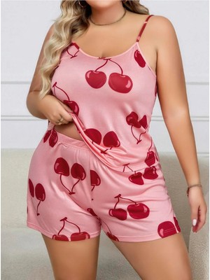 Zenviaa  Büyük Beden Pembe Kiraz Desen Ince Askılı Pamuklu Şortlu Pijama Takımı