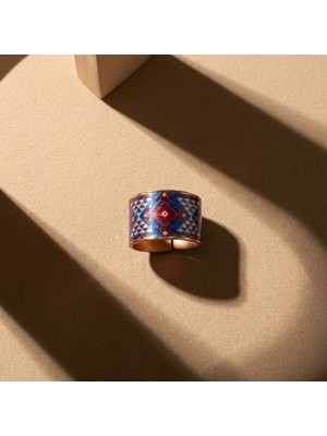 Erol Bakır Bakır Mavi Kırmızı Baklava Motifli Geniş Form Ayarlanabilir Yüzük