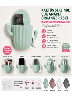 lawrenceshop 2 Adet Kaktüs Şekilli Çok Amaçlı Organizer Askı | Yapışkanlı Duvar Düzenleyici Kumandalık Telefonluk Banyo Mutfak Organizeri