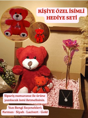 Paganca Kırmızı Ayıcık 25CM - Ayıcık Anahtarlık - Çelik Baget Kolye - Sonsuzluk Gülü Kişiye Özel İsimli Hediye Seti