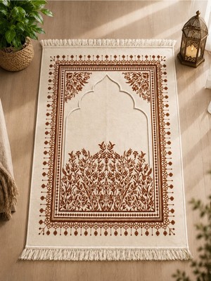 Lüks Kadife Dokuma Seccade Yumuşak Dokulu Saçaklı Mihrab Desenli Namaz Seccadesi Hardal