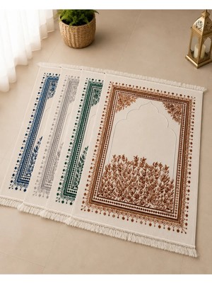 4'lü Lüks Kadife Dokuma Seccade Yumuşak Dokulu Saçaklı Mihrab Desenli Namaz Seccadesi