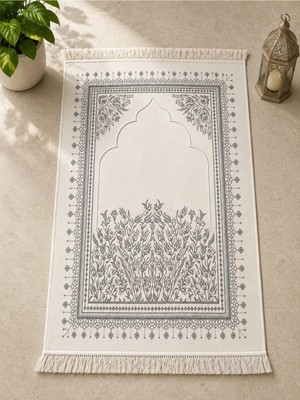 Lüks Kadife Dokuma Seccade Yumuşak Dokulu Saçaklı Mihrab Desenli Namaz Seccadesi Gri