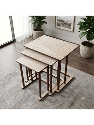 Uzun Aksesuar Ezel Tekerlekli C Zigon Sehpa Traverten Mdf Malzemeden Modern Tasarım 3 Parça Set