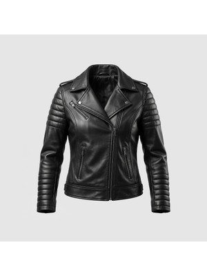 TOGO Siyah Hakiki Deri Kadın Biker Ceket [810108]