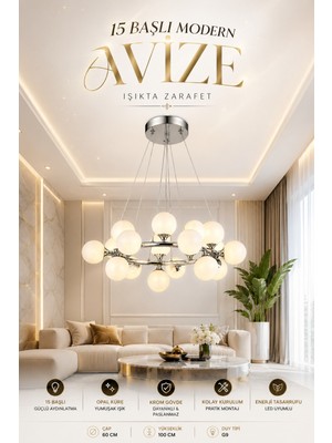 Elvora Home Modern (Premium) 15'li Sarkıt Avizesi Krom Gövde Küre Salon Mutfak Avizesi Modelleri 15XG9 Duyulu - Ampül Hediyeli