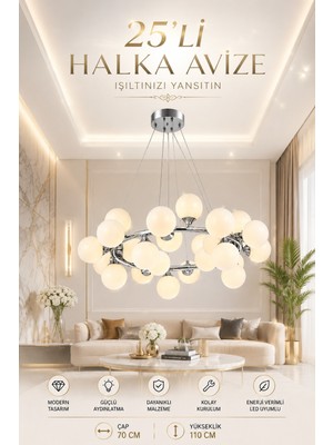 Elvora Home Modern (Premium) 25'li Şık Sarkıt Avizesi Krom Gövde Küre Salon Mutfak Avizesi Modelleri 25XG9 Duyulu - Ampül Hediyeli