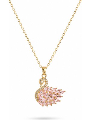 Serelya 316L Çelik Gold Renk Zincir Pembe Zirkon Taşlı Kuğu Model Kadın Kolye