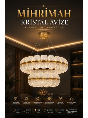 Elvora Home Modern (Premium) Gold Kristal Taşlı 3 Renkli Şık Ledli 350W Sarkıt Avizesi Salon Mutfak Oturma Odası Avizesi Modelleri