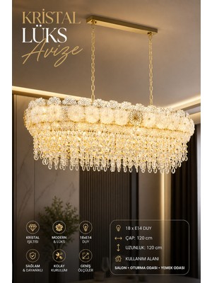 Elvora Home Modern (Premium) Kristal Taşlı Sarkıt Avizesi Salon Mutfak Yemek Masası Üstü Avizesi Modelleri 18XE14 Duyulu - Ampül Hediyeli