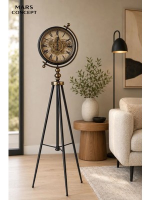 Vintage Hareketli Çarklı Ayaklı Dekoratif Saat 148 cm – 40 cm Çap Metal Tripod Salon Saati