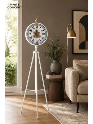 Mars Concept Tripod Ayaklı Hareketli Çarklı Beyaz Mermer Desenli Yer Saati │ Modern Salon 148CM