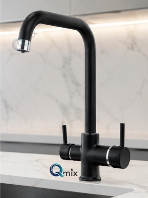Qmix Arıtmalı Pirinç Gövde Modern Tasarım Lüx Mutfak Eviye Bataryası Siyah-Krom Renk