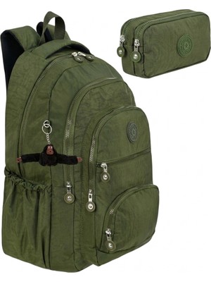 Alanç Gift Ultra Lüks Unisex Krinkıl Kumaş Lise, Ortaokul Sırt Çantası ve Çift Bölmeli Kalemlik, Anahtarlık Hediyeli