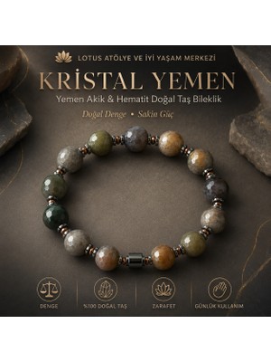 Lotus Atölye ve İyi Yaşam Merkezi 💚 Kristal Yemen Akik Premium Bileklik – Faset Kesim Yemen Akik & Hematit Doğal Taş Bileklik